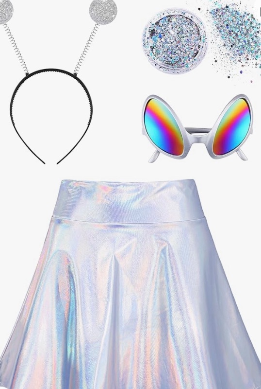 Photo 1 of 2 SIZE MEDIUM SOMSOC Alien Costume Women Metallic Skirt Antenna Headband Alien Glasses Holographic Glitter for Halloween Cosplay Costume