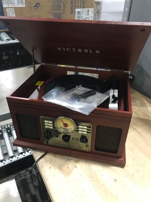 Photo 2 of Victrola Nostalgic 6-in-1 Bluetooth Record Player & Multimedia Center with Built-in Speakers - 3-Speed Turntable, CD & Cassette Player, FM Radio | Wireless Music Streaming | Mahogany Mahogany Entertainment Center