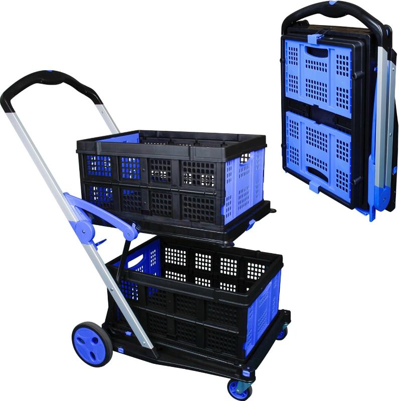 Photo 1 of APOXCON Folding Shopping Cart, Two Tier Collapsible Cart with One Crate, Heavy Duty Utility Cart with 360° Rolling Swivel Wheels Multiple Uses Folding Trolley for Shopping, Picnic and Office
