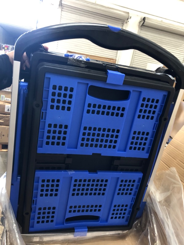 Photo 2 of APOXCON Folding Shopping Cart, Two Tier Collapsible Cart with One Crate, Heavy Duty Utility Cart with 360° Rolling Swivel Wheels Multiple Uses Folding Trolley for Shopping, Picnic and Office
