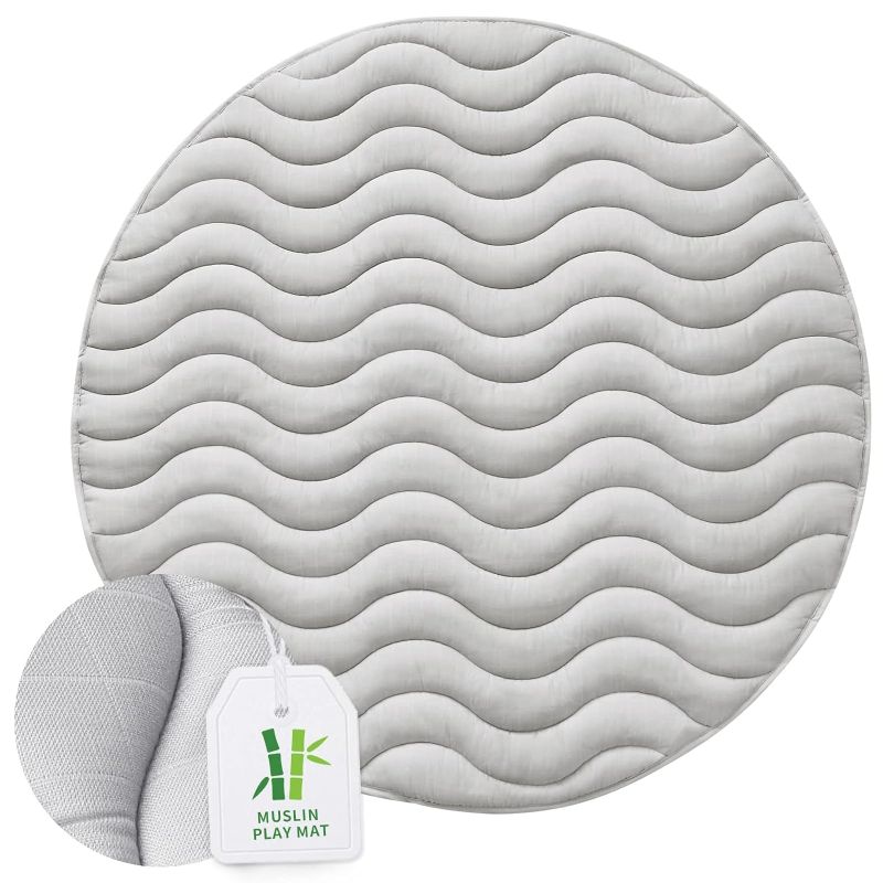 Photo 1 of Baby Play Mat Round 47inch, Muslin Baby Padded Floor Mat, Anti Slip Kids Tents Mat, Tummy Time Activity Mat with Intricate Wave Quilting, Grey
