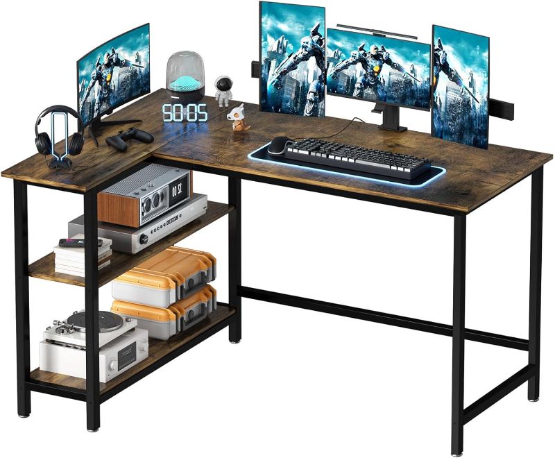 Photo 1 of WOODYNLUX L Shaped Desk - 43 Inch Gaming Desk, Computer Corner Desk, Home Office Writing Desk with Shelf, Space-Saving Workstation Table, Modern Simple Wooden Desk, Rustic Brown