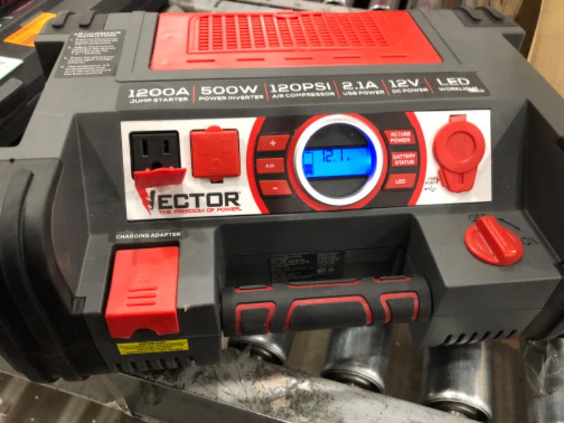 Photo 2 of [FOR PARTS, READ NOTES]
VECTOR 1200 Peak Amp Jump Starter, Dual Power Inverter, 120 PSI Air Compressor, USB Charging Port, Rechargeable NONREFUNDABLE