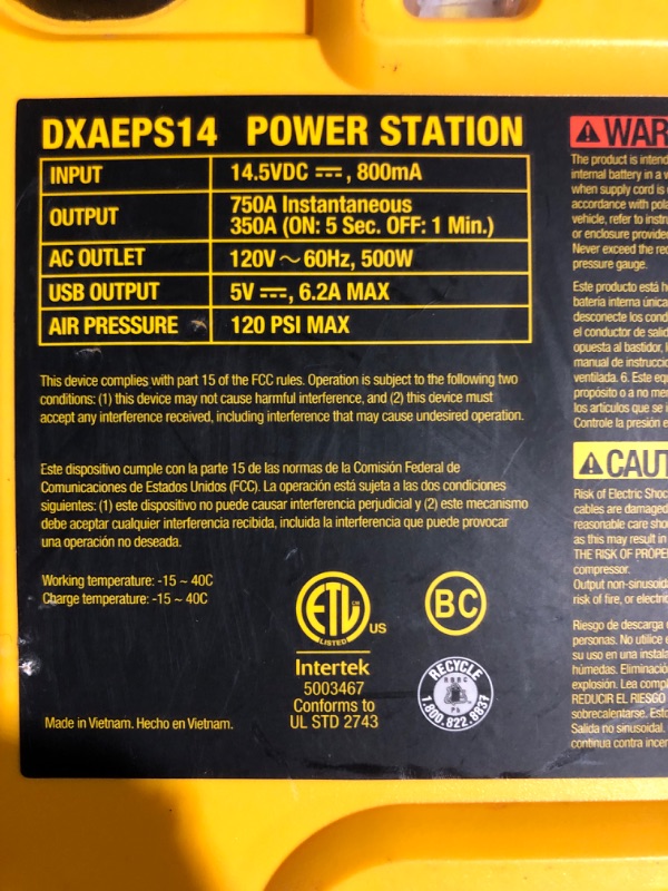 Photo 4 of * wont hold a charge * sold for parts/repair * 
DEWALT DXAEPS14 1600 Peak Battery Amp 12V Automotive Jump Starter/Power Station with 500 Watt AC Power
