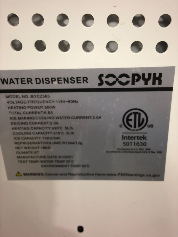 Photo 3 of ***see notes***SOOPYK Hot and Cold Water Cooler Dispenser with Ice Maker for 5 Gallon Bottle Built-in Ice Maker 27 lbs in 24 hrs Perfect for Home Office BYCZ565 White