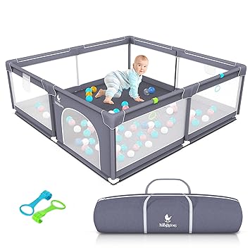 Photo 1 of Baby Playpen Mat for Indoor Outdoor Use - Large Play Pen Activity Center for Babies & Toddlers - Durable, Breathable Mesh Foldable Safety Play Yard with Travel Carry Bag - Grey, 50" by 50"
