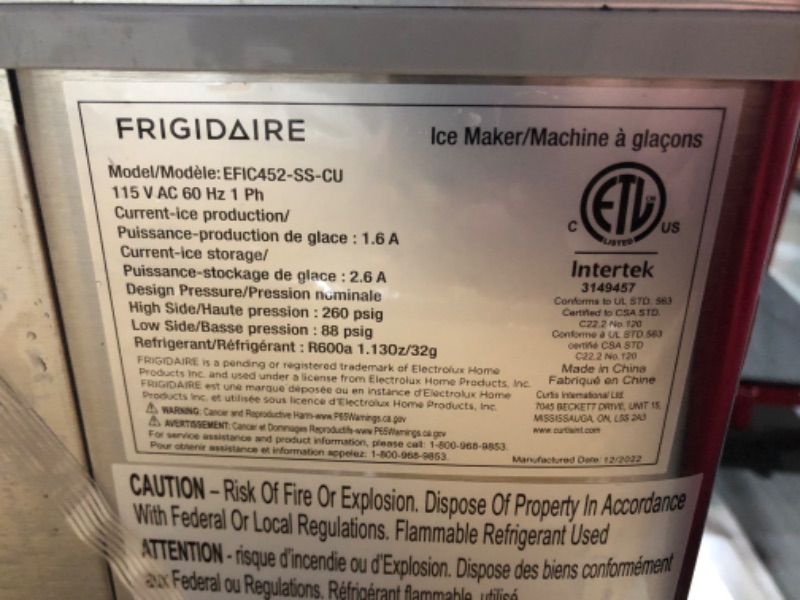 Photo 5 of ***UNTESTED - SEE NOTES***
FRIGIDAIRE EFIC452-SS 40 Lbs Extra Large Clear Maker, Stainless Steel