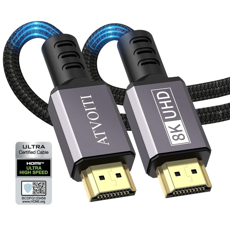 Photo 1 of Atvoiti 8K 4K HDMI 2.1 Cable 10ft, Certified 48Gbps Ultra High Speed Braided HDMI Cable Support 8K@60Hz 4K@120Hz eARC HDCP 2.2&2.3 Dynamic HDR Compatible with Mac Soundbar Gaming PC RT3090 PS5 4 X-box
