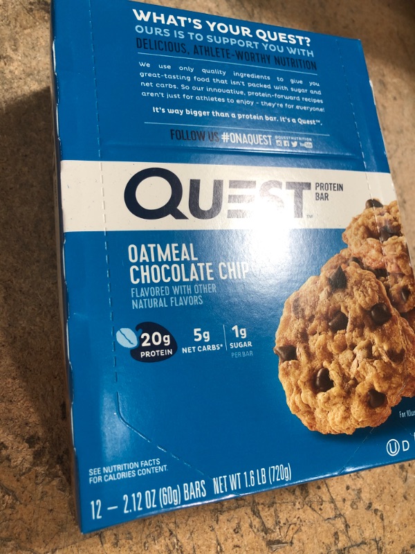 Photo 2 of *BEST BY 2/9/2024* Quest Nutrition Oatmeal Chocolate Chip Protein Bar, High Protein, Low Carb, Gluten Free, Keto Friendly, 12 Count
