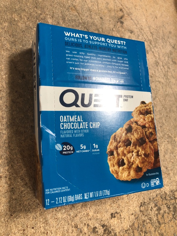 Photo 2 of *BEST BY 2/9/2024* Quest Nutrition Oatmeal Chocolate Chip Protein Bar, High Protein, Low Carb, Gluten Free, Keto Friendly, 12 Count
