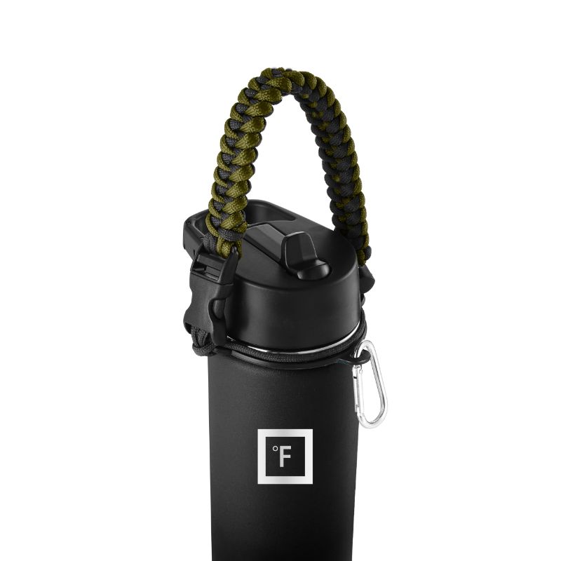 Photo 1 of 2 IRON °FLASK Paracord Handle - Fits Wide Mouth Water Bottles - Durable Carrier, Secure Accessories, Survival Strap Cord, Safety Ring, and Carabiner - Seven Core Paracord Bracelet Olive Green