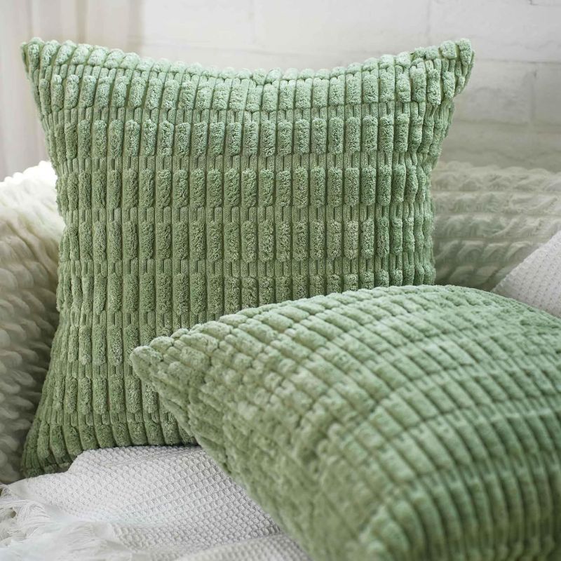Photo 1 of  Set of 2 Corduroy Boho Sage Green Throw Pillow Covers 18 x 18 Inch Decorative Striped Soft Cozy Pillowcases Cushion Cases for Couch Sofa Bedroom Living Room Home Decor 
