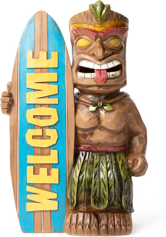 Photo 1 of **broken in back but lights up**
VP Home Welcome Tiki Statue with Surfboard - Solar Powered 14" Tall Tiki Stand with Automatic Switch On Flickering Eyes LED Light - for Outdoor Decoration - Perfect for Beach Resort, Halloween Decor
