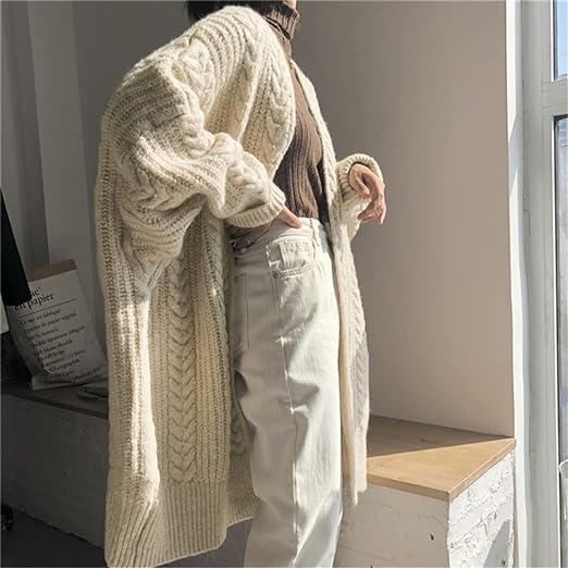 Photo 1 of Autumn Winter Women's Knitted Cardigan Vintage Thick Long Sweaters Female Loose Plain Coat XL
