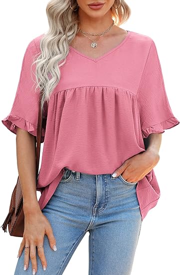 Photo 1 of GIBLY Women Short Sleeve V Neck Plain T Shirts Ruffle Trim Swing Loose Basic Tops M
