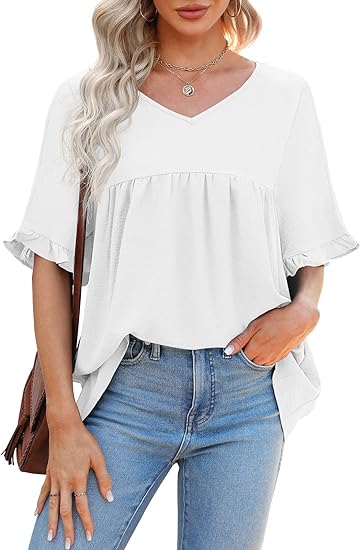 Photo 1 of GIBLY Women Short Sleeve V Neck Plain T Shirts Ruffle Trim Swing Loose Basic Tops M
