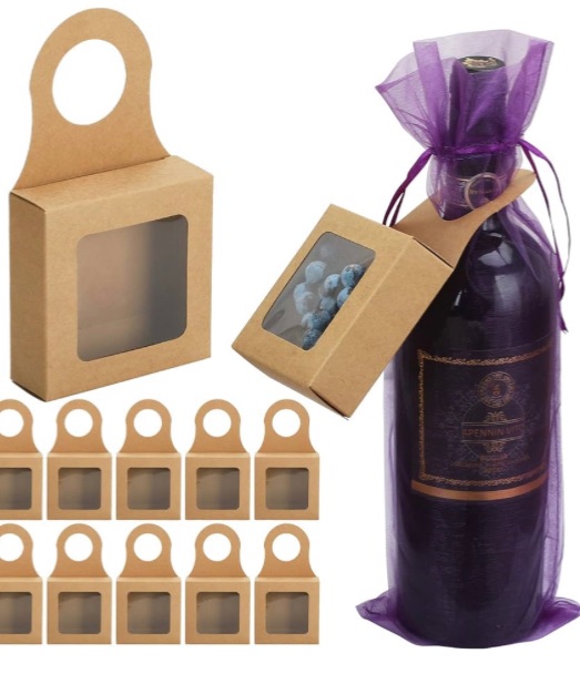 Photo 1 of 20 Count Kraft Wine Bottle Box with Window and 20pcs Organza Wine Bags Set, Hanging Foldable Wine Gift Box, Wine Boxes for Gifts Holds Candy Truffles Chocolate Cookies Fruit, Hanger Favor Box