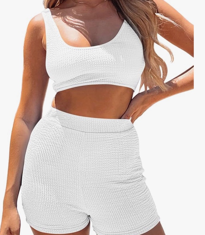 Photo 1 of Fixmatti Women 2 Piece Seamless Workout Set Crop Tank Top High Waist Shorts Ribbed Yoga Sweatsuit Set SMALL