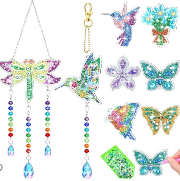 Photo 1 of 8 Pcs Diamond Painting Suncatcher DIY Wind Chime Kit Double Sided Crystal Gem Paint by Number Diamond Painting Hanging Ornament for Home Garden Adults Kids, Dragonfly, Butterfly, Hummingbird, Flower