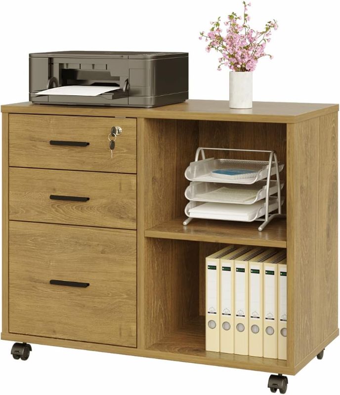 Photo 1 of 3 Drawer Office File Cabinets, Mobile Lateral Printer Stand with Open Storage Shelf, Rolling Filing Cabinet with Wheels Home Office Organization and Storage (Wood)
