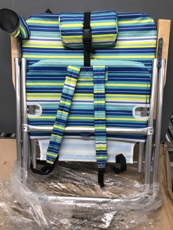 Photo 2 of 
Caribbean Joe Folding Beach Chair, 4 Position Portable Backpack Foldable Camping Chair with Headrest, Cup Holder, and Wooden Armrests, Blue and Lime Stripe
Color:Blue, Lime Stripe
Size:4 Position
Pattern Name:Chair