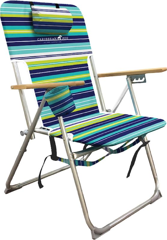 Photo 1 of 
Caribbean Joe Folding Beach Chair, 4 Position Portable Backpack Foldable Camping Chair with Headrest, Cup Holder, and Wooden Armrests, Blue and Lime Stripe
Color:Blue, Lime Stripe
Size:4 Position
Pattern Name:Chair