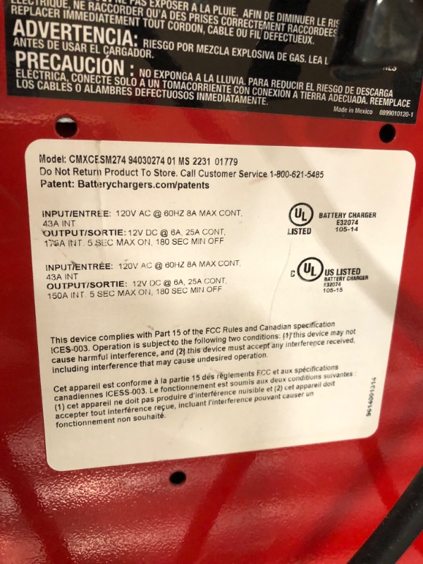 Photo 3 of CRAFTSMAN CMXCESM274 175 Cranking Amp 12V Manual Wheel Charger and Jump Starter – 25A Boost Mode – for Car, SUV, Truck, and Boat Batteries,