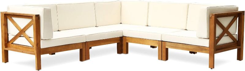 Photo 1 of *BOX 3 OF 3 ONLY* Great Deal Furniture Keith Outdoor Acacia Wood 5 Seater Sectional Sofa Set with Water-Resistant Cushions, Teak and Beige
