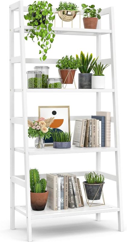 Photo 1 of *SIMILAR TO STOCK PHOTO* Homykic Ladder White Bookshelf, 4-Tier Bamboo Ladder Shelf 49.2” Book Shelf Bookcase Floor Freestanding Bathroom Storage Rack Plant Stand for Small Space, Bedroom, Living Room, Easy to Assemble
