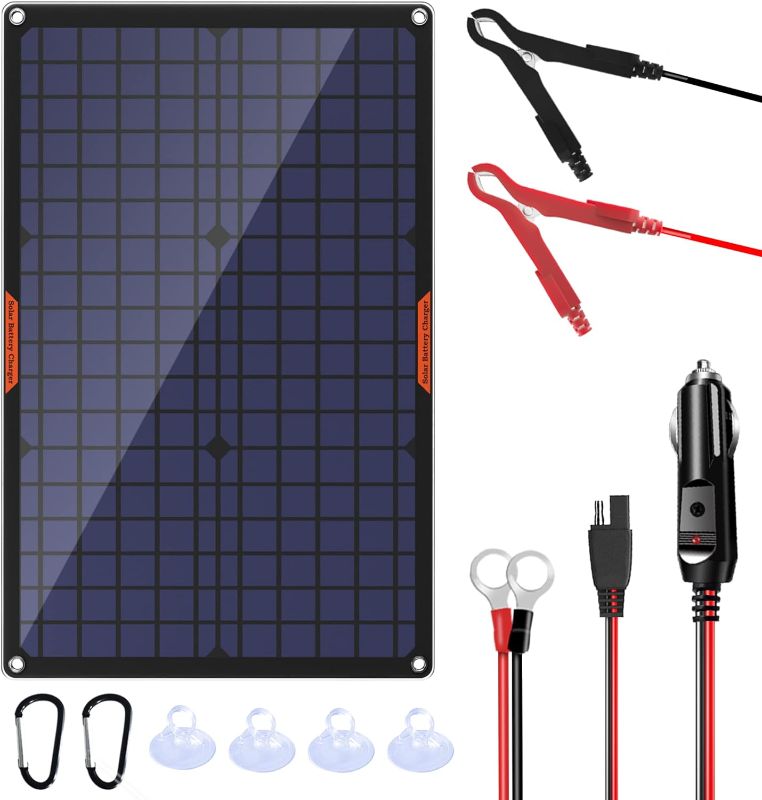 Photo 1 of OYMSAE 30 Watt 12 Volt Solar Panel Solar Trickle Charger 30W 12V Portable Solar Battery Charger & maintainer with Cigarette Lighter Plug & Alligator Clip