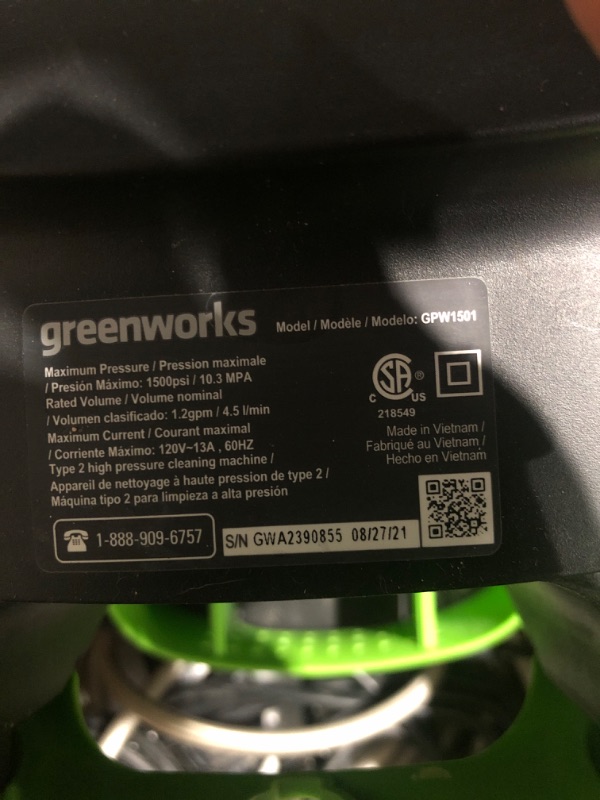 Photo 5 of * used * see images * 
Greenworks 1500 PSI 1.2 GPM Pressure Washer (Upright Hand-Carry) PWMA Certified 1500 PSI (1.2 GPM) Washer