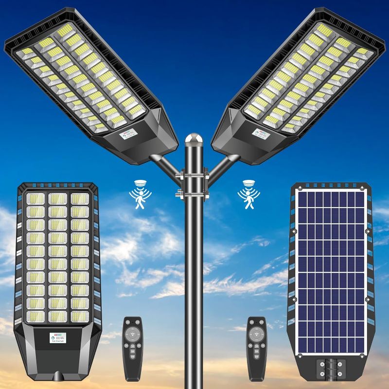 Photo 1 of AKOFUN Solar Street Light Outdoor: 3000W Solar Street Lights Outdoor Waterproof IP66 6500K, Solar Street Light LED, Solar Street Flood Light 200000 Lumens for Parking Lot, 2 Pack
