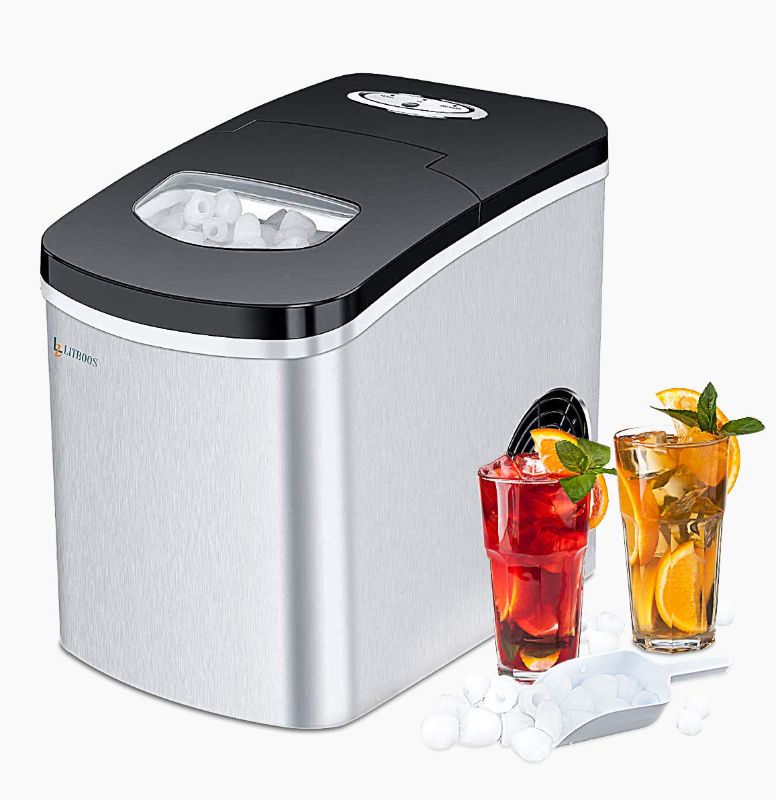 Photo 1 of LITBOOS Portable Ice Maker Machine for Countertop, 9 Bullet Ice Cube Ready in 7-9 Mins, 26 lbs/24H Production, Electric Icemaker with Scoop and Basket, Stainless Steel
