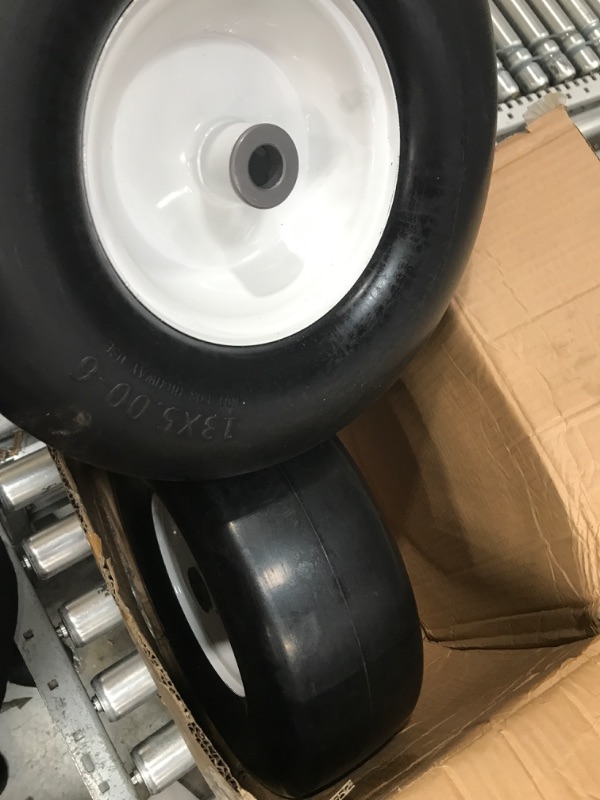 Photo 2 of 2 PCS Upgrade 13x5.00-6" Flat Free Lawn Mower Smooth Tire, Commercial Grade Lawn and Garden Mower Turf Replacement Solid Tire and Wheel with Steel Rim, 3/4" Grease Bushing and 3.25"-5.9" Centered Hub