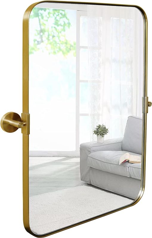 Photo 1 of ***SIMILAR TO COVER PHOTO*** Hamilton Hills 16x24 inch Brushed Gold Metal Framed Mirror | Pivot Mirrors for Bathrooms | Rounded Corner Rectangular Frame with Tilt Mirror Brackets | Adjustable & Tilting Farmhouse Wall Vanity