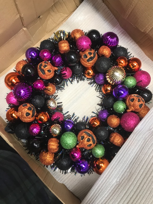 Photo 2 of 16 Inch Halloween Ball Wreath with Lights Pumpkin Ornament Garland Decoration for Festival Celebration Door Window Wall Home Theme Party Events Gifts