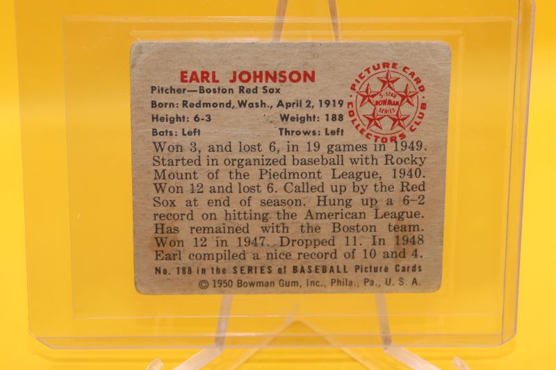 Photo 2 of 1950 Bowman Earl Johnson (VG-EX) Red Sox