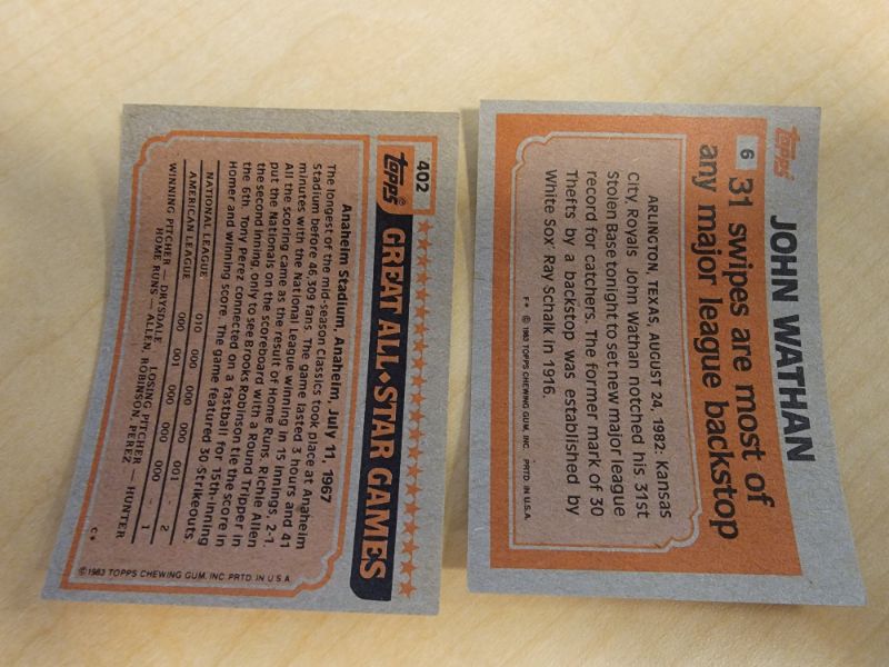 Photo 2 of (2) 1983 TOPPS BASEBALL CARDS - EXCELLENT CONDITION