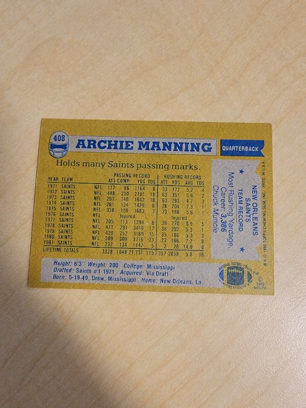 Photo 2 of 1982 ARCHIE MANNING TOPPS CARD GREAT CONDITION