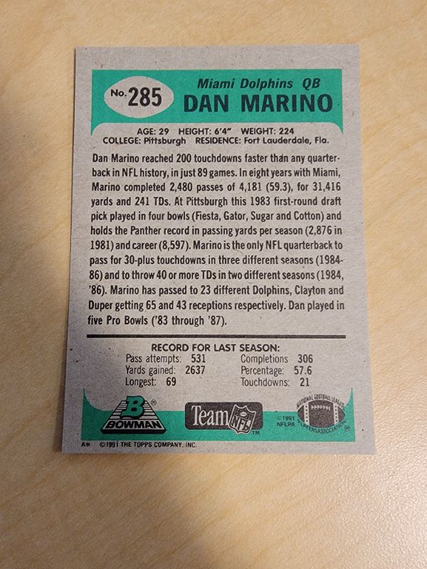 Photo 2 of 1992 BOWMAN DAN MARINO CARD - EXCELLENT CONDITION