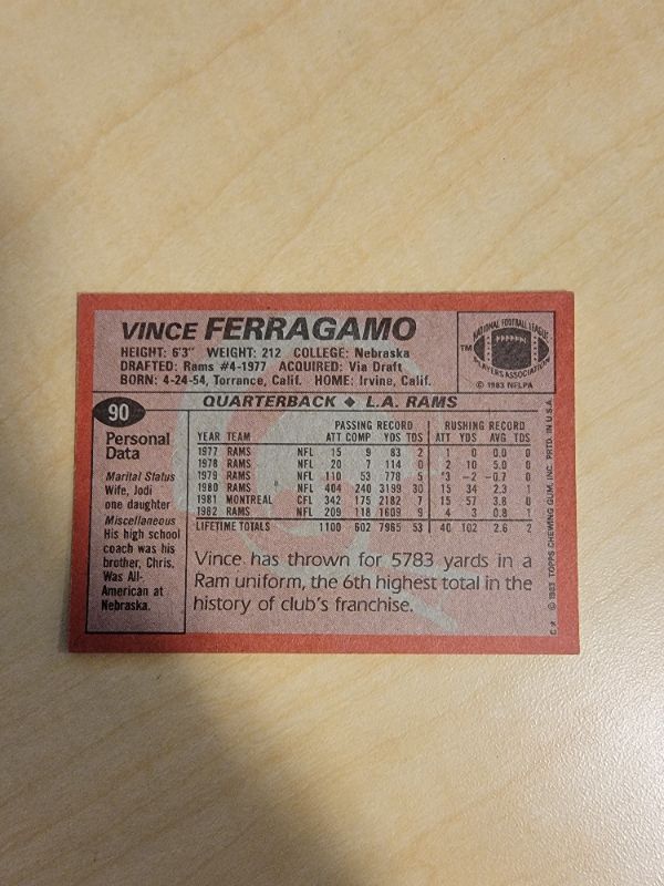 Photo 2 of 1983 TOPPS VINCE FERRAGAMO CARD GREAT CONDITION