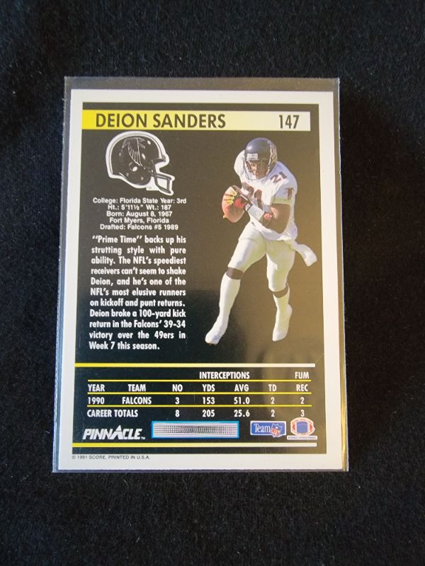 Photo 2 of 1991 DEION SANDERS PINNACLE CARD - EXCELLENT CONDITION