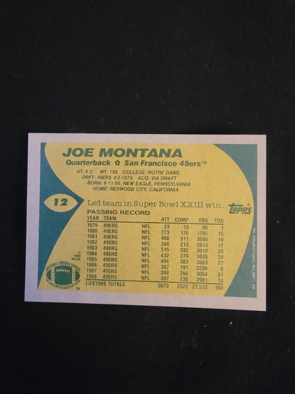 Photo 2 of 1989 JOE MONTANA TOPPS CARD - EXCELLENT CONDITION