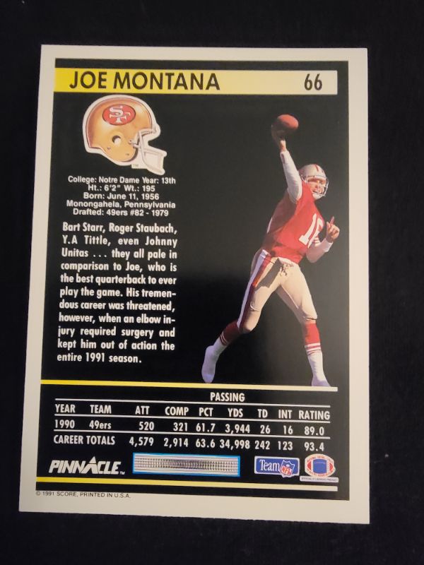 Photo 2 of 1991 JOE MONTANA PINNACLE CARD - EXCELLENT CONDITION