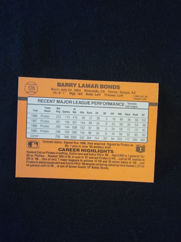 Photo 2 of 1990 BARRY BONDS DONRUSS CARD - EXCELLENT CONDITION