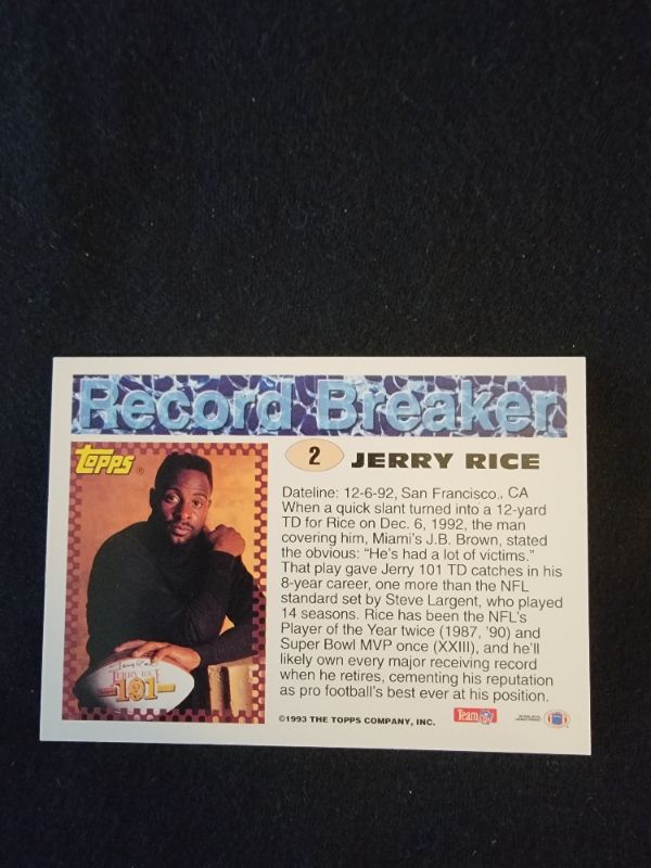 Photo 2 of 1993 JERRY RICE TOPPS CARD RECORD BREAKER - EXCELLENT CONDITION