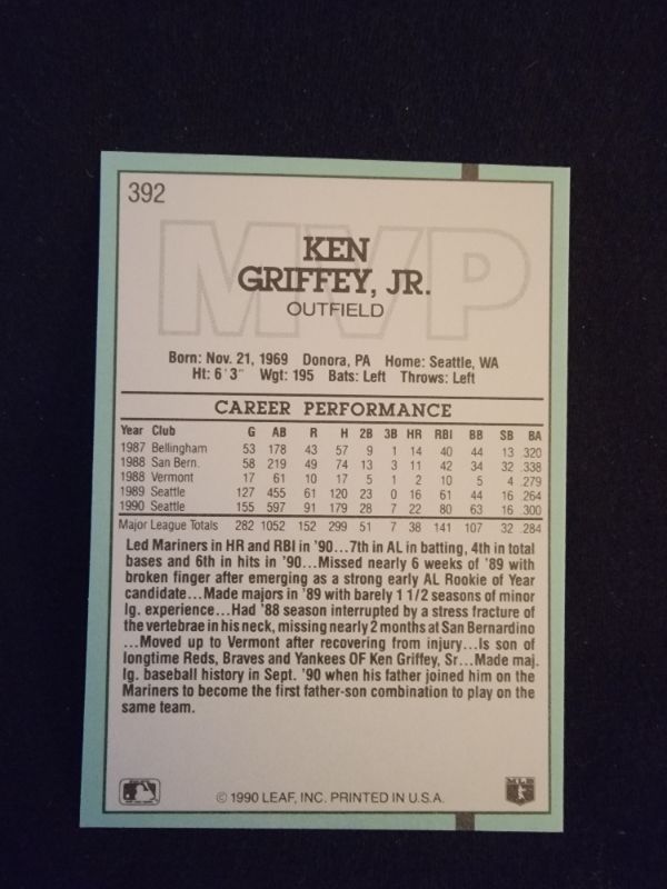 Photo 2 of 1990 KEN GRIFFEY JR LEAF CARD - EXCELLENT CONDITION
