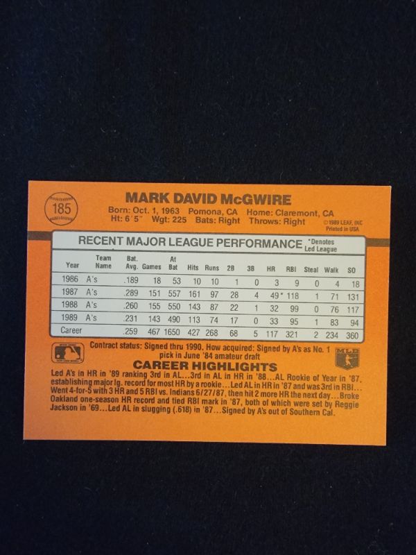 Photo 2 of  1990 MARK MCGWIRE DONRUSS CARD- EXCELLENT CONDITION