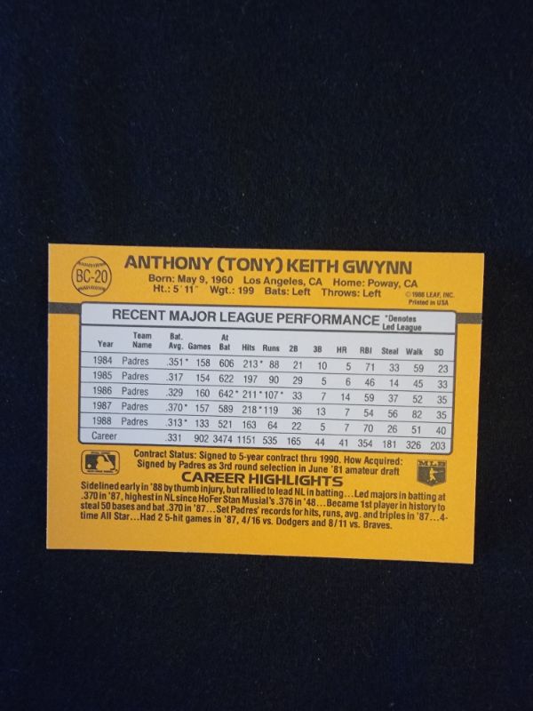 Photo 2 of 1989 TONY GWYNN DONRUSS CARD - EXCELLENT CONDITION