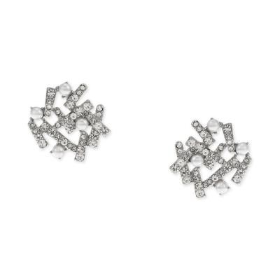 Photo 1 of INC Silver-Tone Pave & Imitation Pearl Stick Cluster Button Earrings, Created for Macy's - Crystal